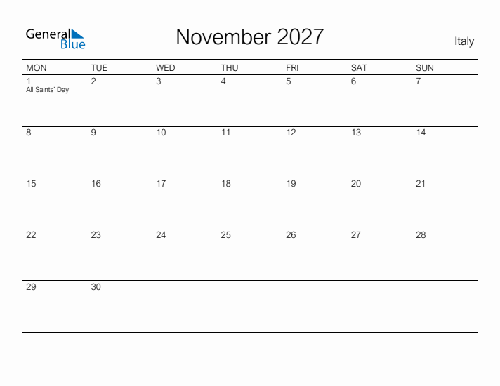 Printable November 2027 Calendar for Italy