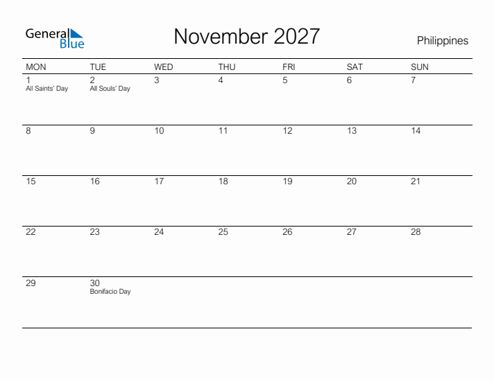 Printable November 2027 Calendar for Philippines