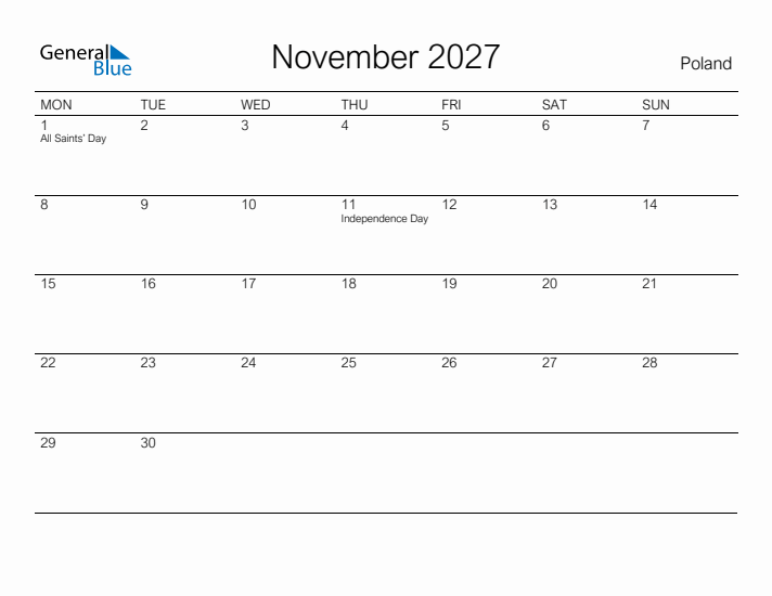 Printable November 2027 Calendar for Poland