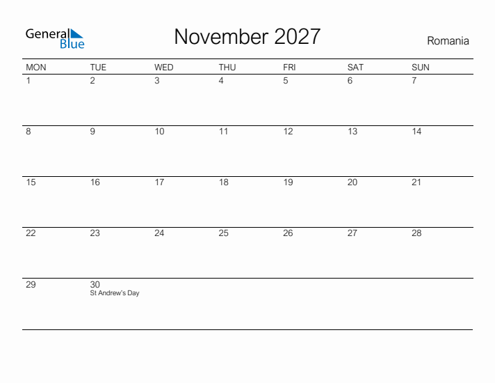 Printable November 2027 Calendar for Romania