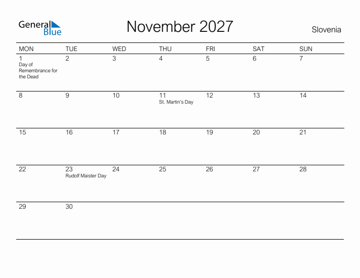 Printable November 2027 Calendar for Slovenia