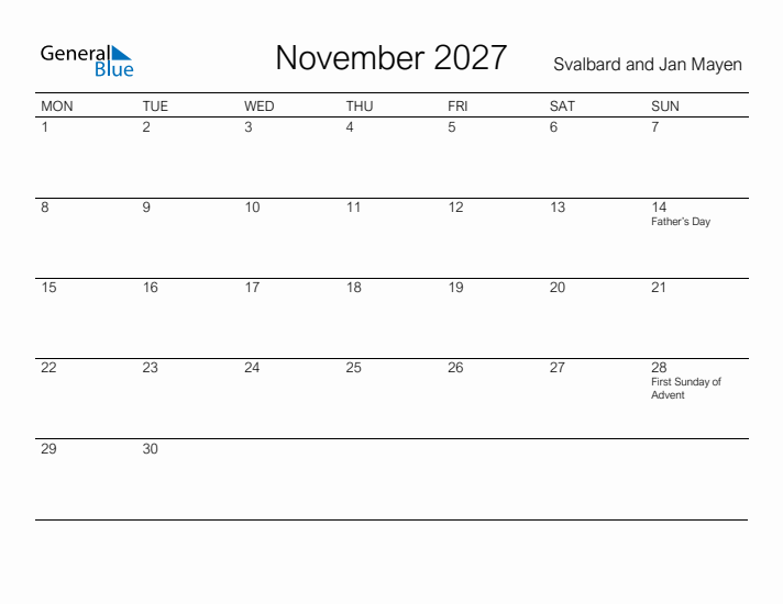 Printable November 2027 Calendar for Svalbard and Jan Mayen