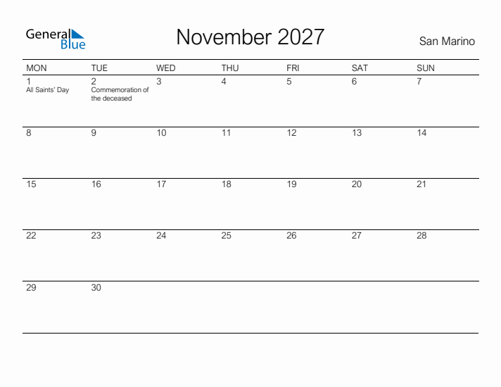 Printable November 2027 Calendar for San Marino