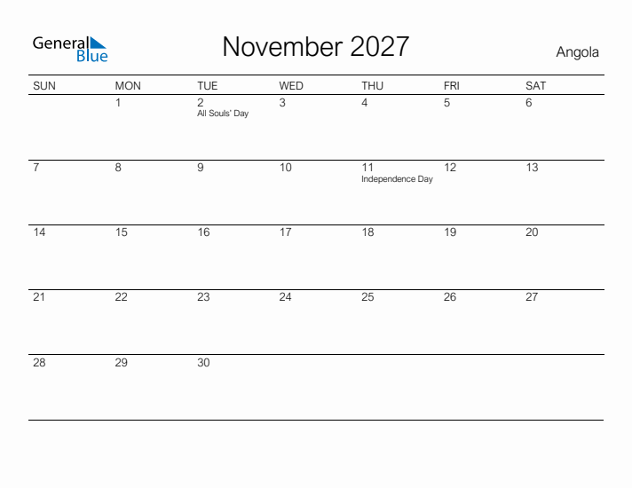 Printable November 2027 Calendar for Angola