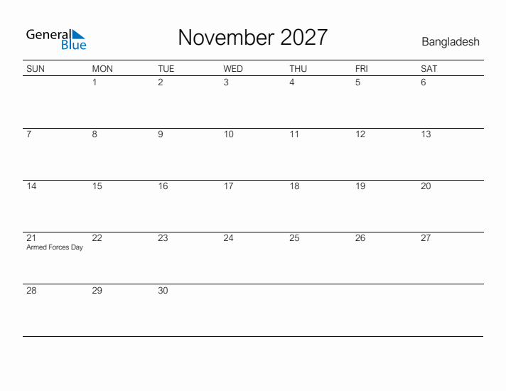 Printable November 2027 Calendar for Bangladesh