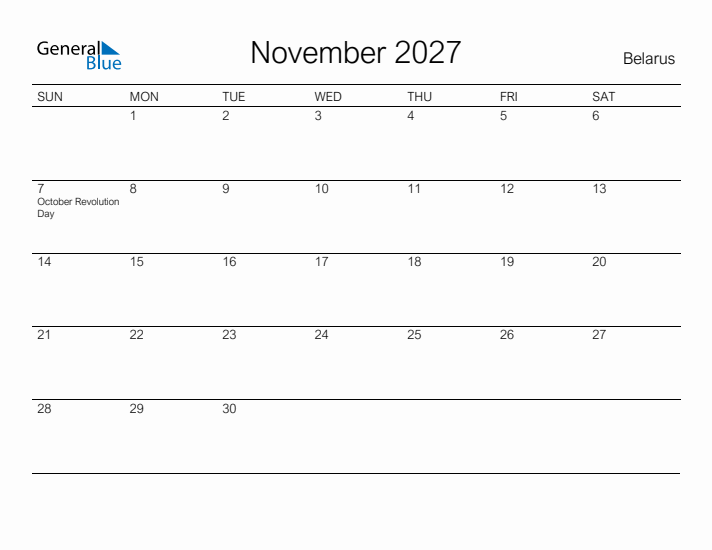 Printable November 2027 Calendar for Belarus
