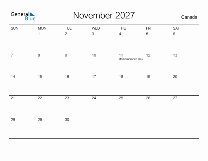 Printable November 2027 Calendar for Canada