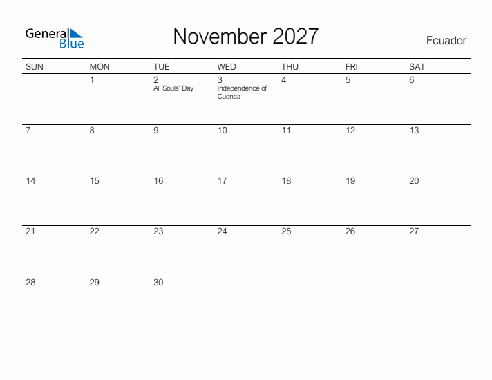 Printable November 2027 Calendar for Ecuador