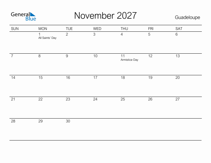 Printable November 2027 Calendar for Guadeloupe