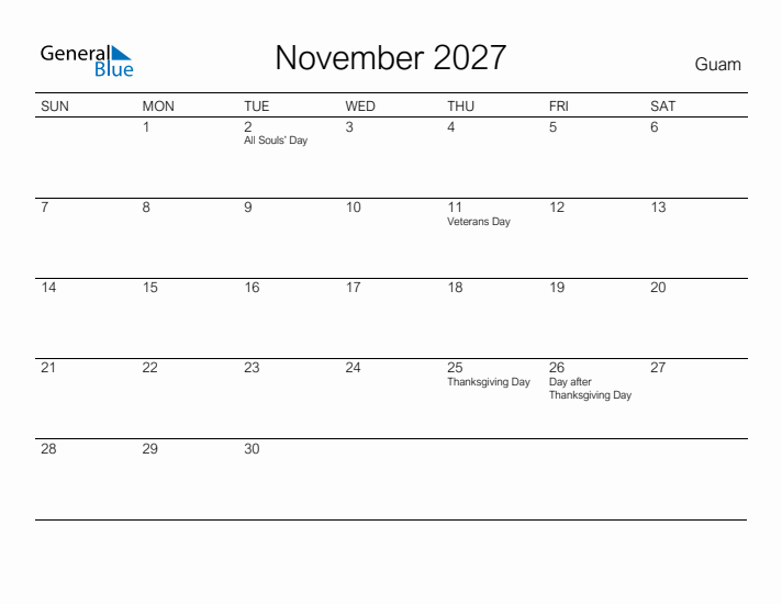 Printable November 2027 Calendar for Guam