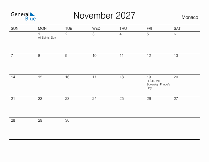 Printable November 2027 Calendar for Monaco