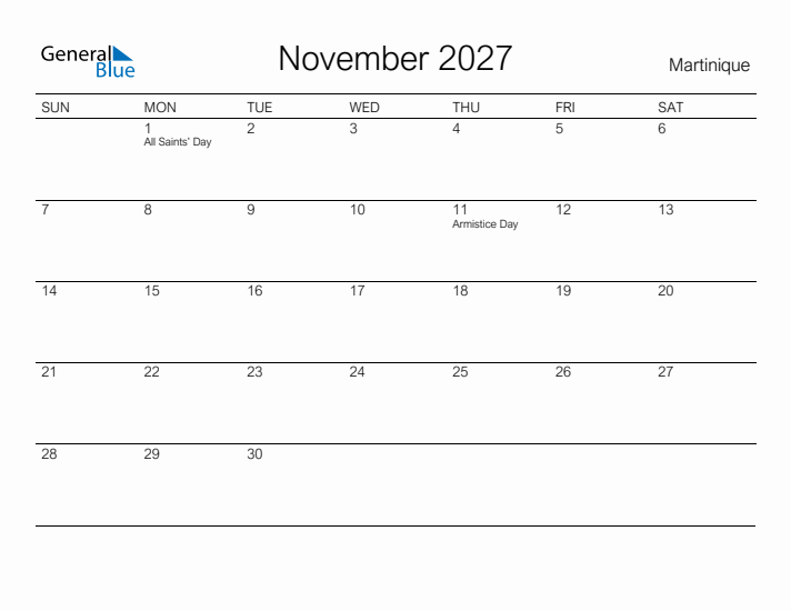 Printable November 2027 Calendar for Martinique
