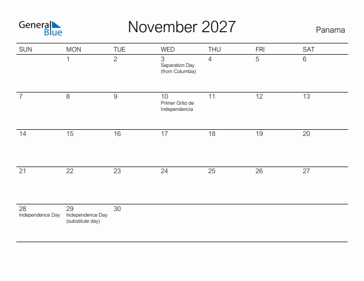 Printable November 2027 Calendar for Panama