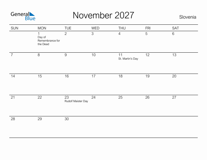 Printable November 2027 Calendar for Slovenia