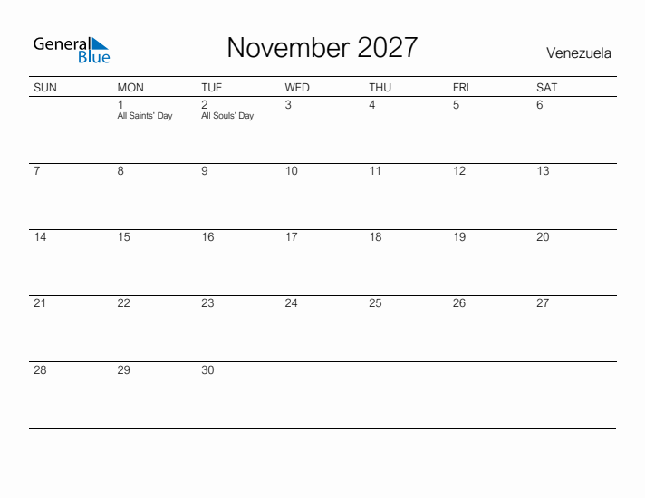 Printable November 2027 Calendar for Venezuela
