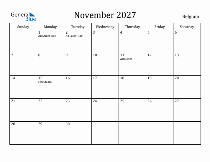 November 2027 Calendar Belgium