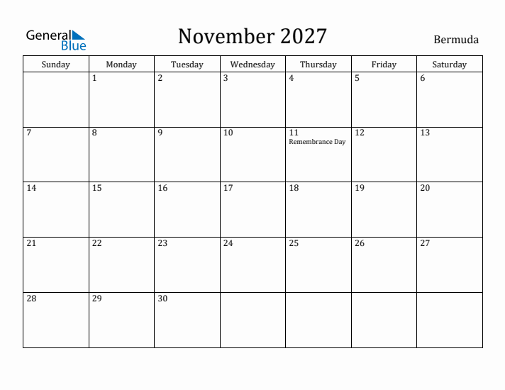 November 2027 Calendar Bermuda