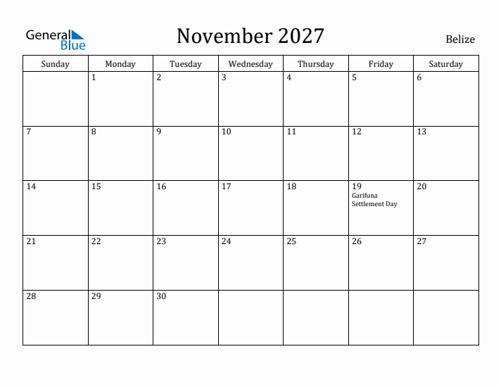November 2027 Calendar Belize