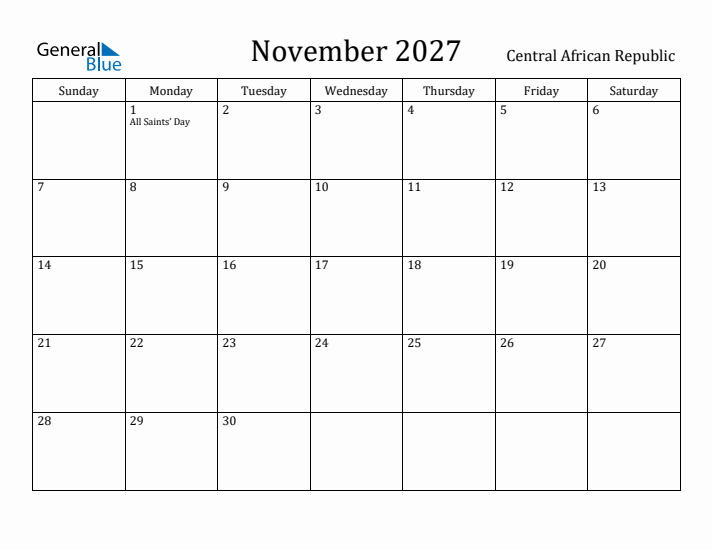 November 2027 Calendar Central African Republic