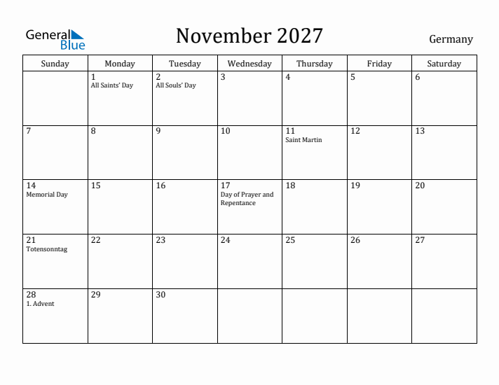 November 2027 Calendar Germany