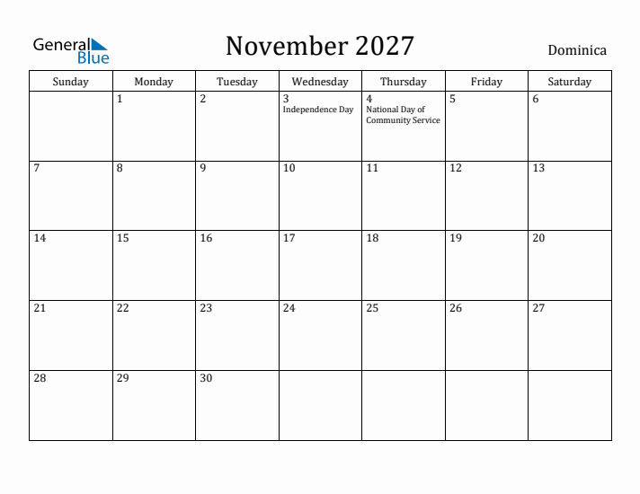November 2027 Calendar Dominica
