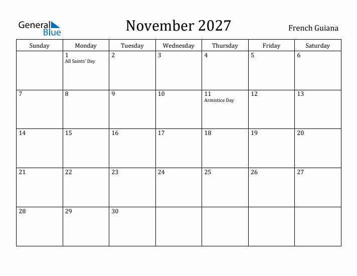 November 2027 Calendar French Guiana