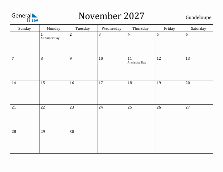 November 2027 Calendar Guadeloupe