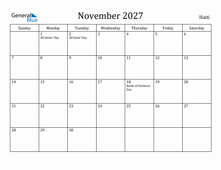 November 2027 Calendar Haiti