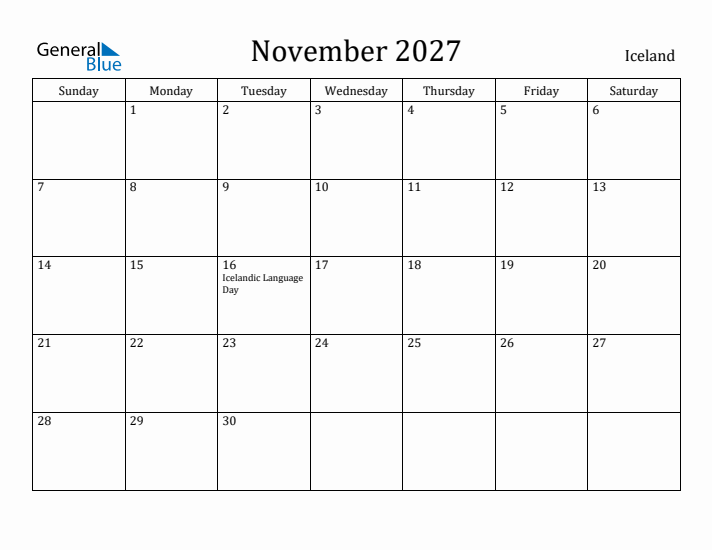 November 2027 Calendar Iceland