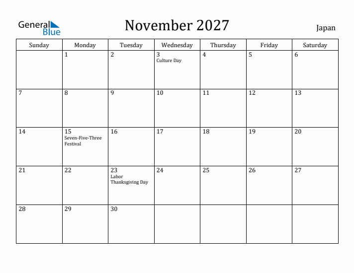 November 2027 Calendar Japan