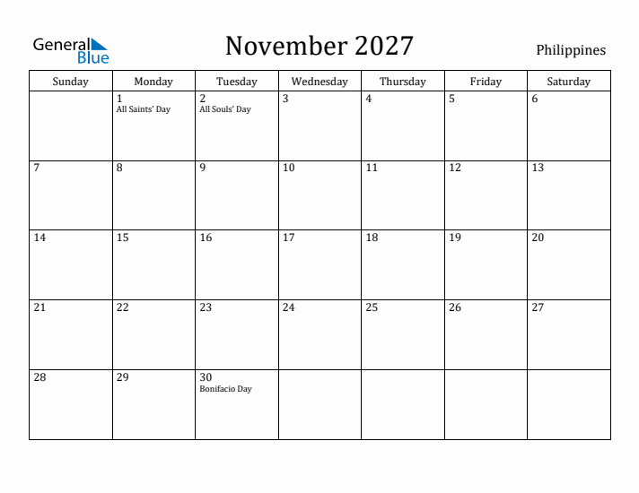 November 2027 Calendar Philippines
