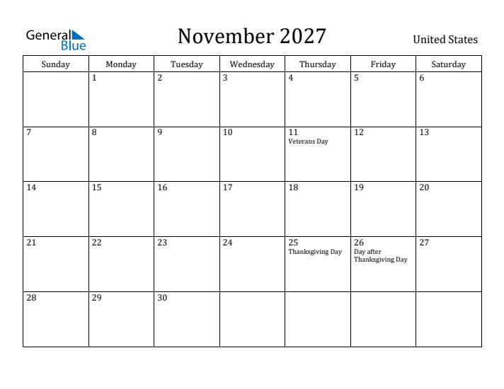 November 2027 Calendar United States