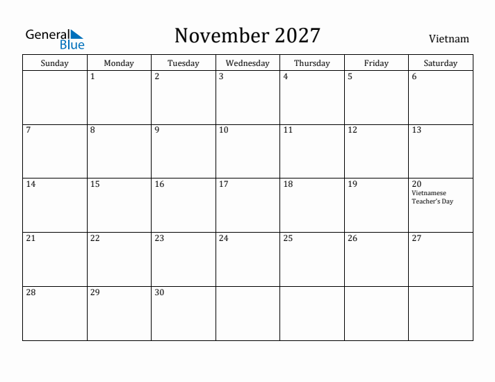 November 2027 Calendar Vietnam