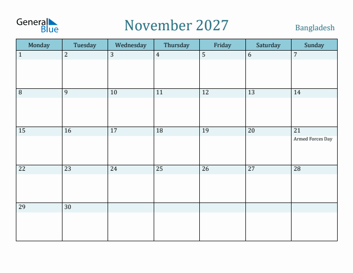 November 2027 Calendar with Holidays