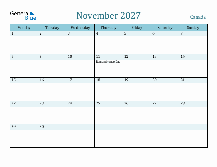 November 2027 Calendar with Holidays