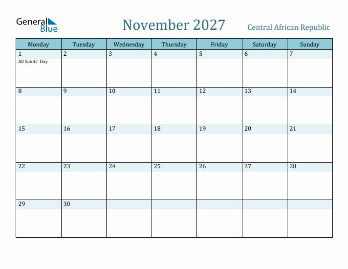 November 2027 Calendar with Holidays