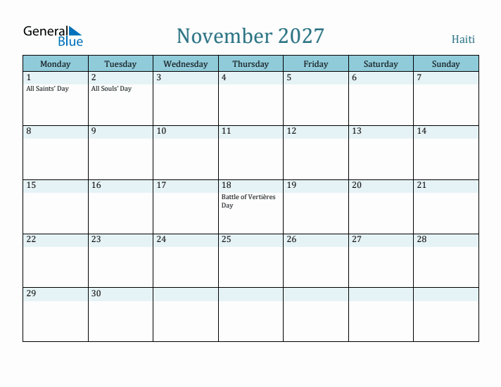 November 2027 Calendar with Holidays