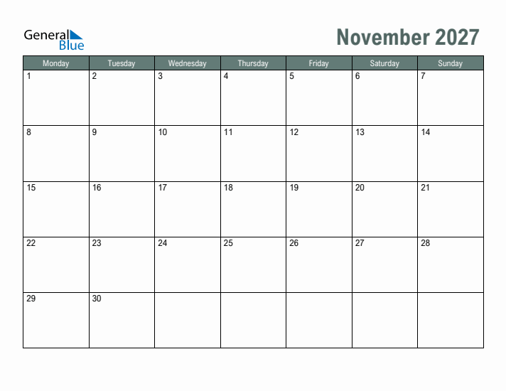 Free Printable November 2027 Calendar