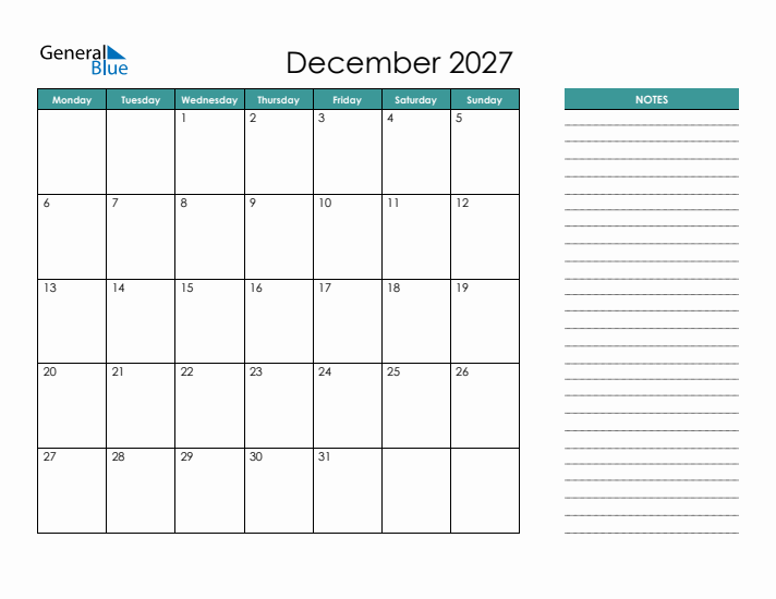 December 2027 Calendar with Notes