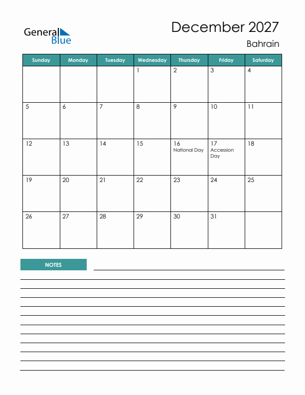 Calendar with Notes Printable - Sunday Start