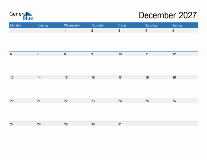 Fillable Calendar for December 2027