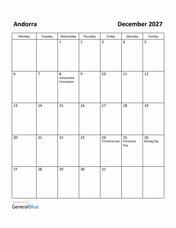 December 2027 Calendar with Andorra Holidays