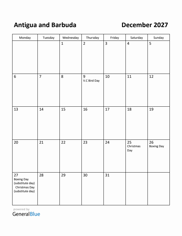 December 2027 Calendar with Antigua and Barbuda Holidays