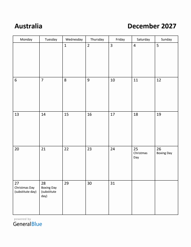 December 2027 Calendar with Australia Holidays