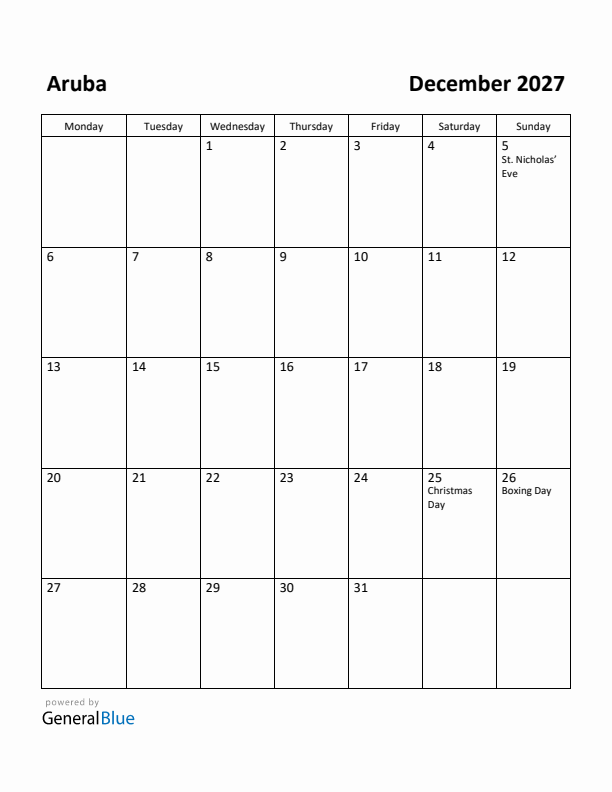 December 2027 Calendar with Aruba Holidays