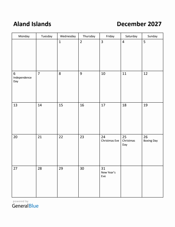 December 2027 Calendar with Aland Islands Holidays