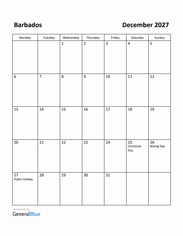 December 2027 Calendar with Barbados Holidays