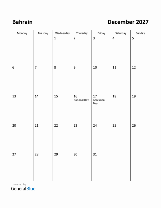 December 2027 Calendar with Bahrain Holidays