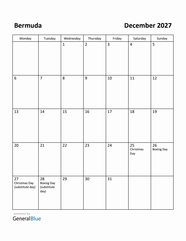 December 2027 Calendar with Bermuda Holidays