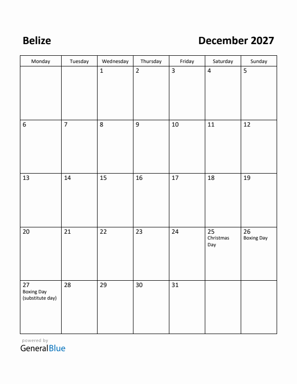 December 2027 Calendar with Belize Holidays